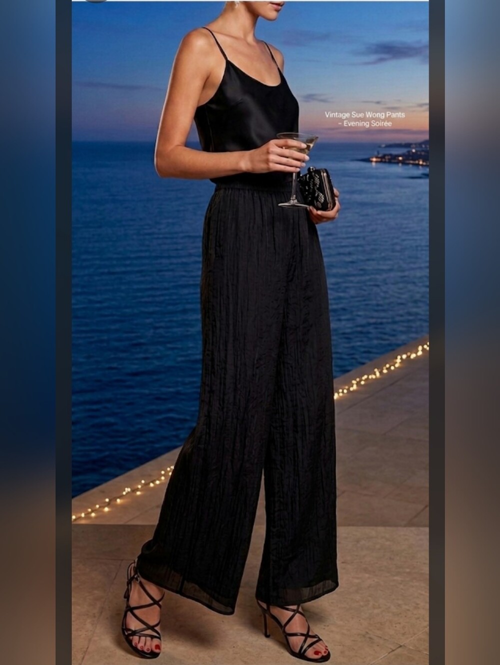 Vintage Designer Sue Wong Black Wide-Leg Crinkle Palazzo Pants